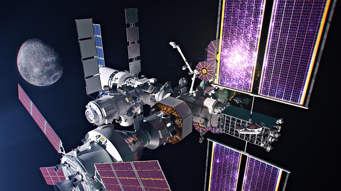 Lunar Gateway mit angedocktem Raumschiff Orion (künstlerische Darstellung)
Im Rahmen des Artemis-Programms der NASA ist die Mondorbitalstation „Lunar Gateway“ geplant. Europa ist bei der Rückkehr zum Mond ein zentraler Partner. Wesentliche Beiträge sind das Internationale Habitat I-HAB als ein zentrales Modul der geplanten Mondorbitalstation sowie das European Service Module (ESM) als missionskritisches Element des Orion-Raumschiffs (links unten).
Bild: Credit: NASA